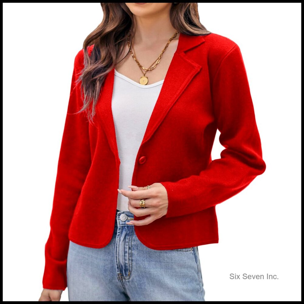Lightweight Knit Blazer Cropped Cardigan Button Front Work Casual